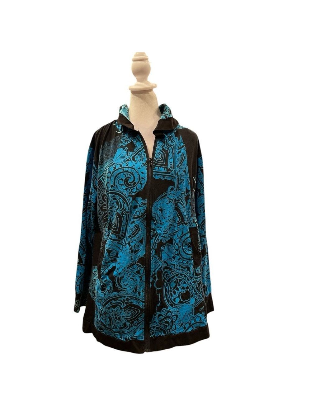 Aller Simplement XL green/black boho print pocketed lightweight zip up hoodie